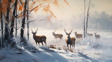 deer in snowy forest, art, oil painting, illustration for christmas card, wallpaper, poster