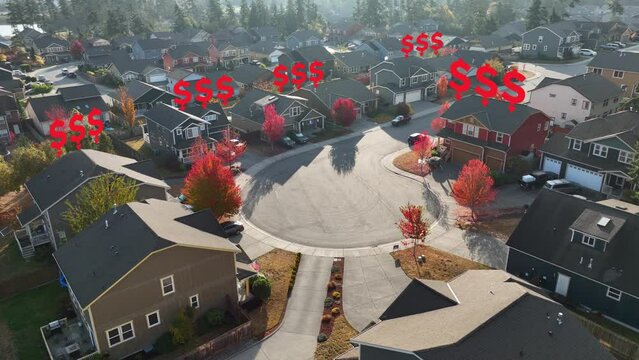 Aerial view of a suburban neighborhood with red dollar signs dropping, showing the real estate market's decrease.