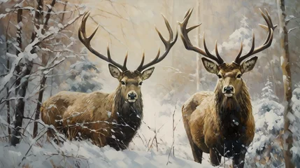 Fototapeten two brown, nordic reindeer with large antlers in a snowy forest landscape, portait, oil painting, art, illustration, for vintage poster, wallpaper, background, christmas card © cartoon-IT