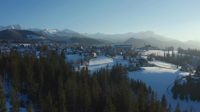 Cyrhla Podhale Winter Beautiful Shot of mountain landscape, forest and town