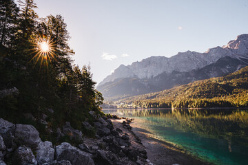 Morning photo of Eibsee Mountain Lake, Garmisch Partenkirchen, Bavaria, Germany - obrazy, fototapety, plakaty