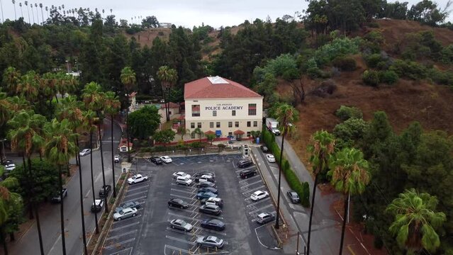 Wide angle drone shot Los Angeles Police Academy. LAPD office building