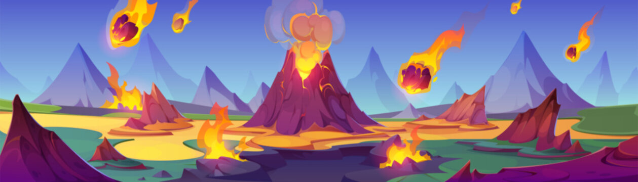 Volcano fire lava eruption cartoon illustration. Volcanic magma explosion with asteroid rain on ancient landscape background. Hot extinction land for prehistory adventure game drawing design