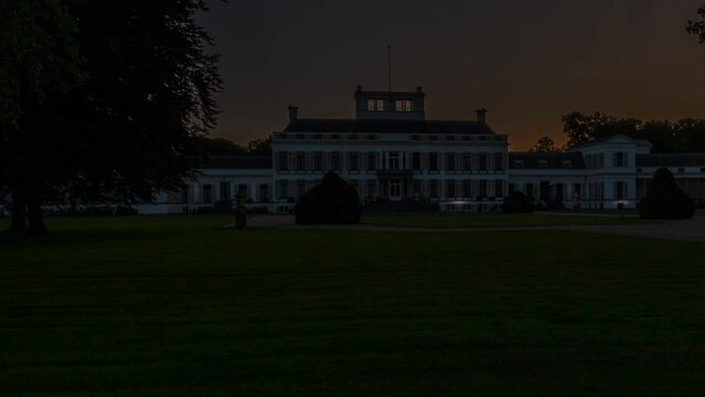 Stunning time lapse of Soestdijk Palace while the sun rises. The camera pans from left to right