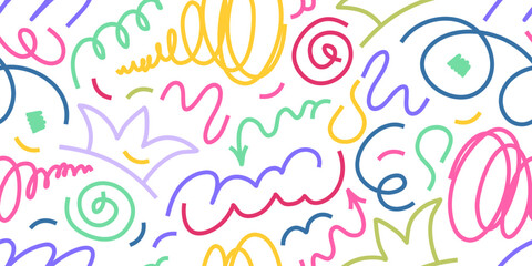 Confetti Scribble abstract seamless pattern. Playful colorful squiggle for kid design. Simple Confetti pattern with scribble memphis print. Simple vector seamless illustration