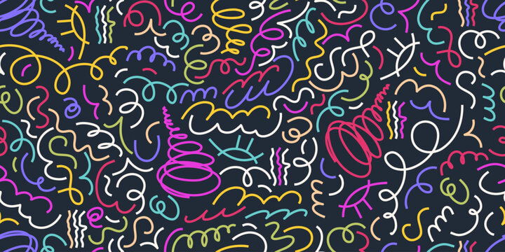 Confetti Scribble abstract seamless pattern. Playful colorful squiggle for kid design. Simple Confetti pattern with scribble memphis print. Simple vector seamless illustration