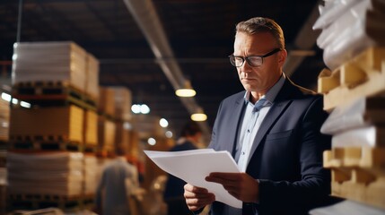 Warehouse accounting and bookkeeping. A middle-aged man stands in a warehouse warehouse with papers checks the statements for the presence of goods.