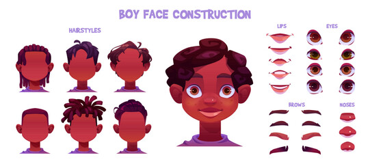 Black kid boy character face avatar construction vector cartoon set for animation. Hair, eye, mouth and nose of young african child head kit. Create toddler portrait with smile and hairstyle
