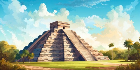 illustration of historical art of Chichen Itza in forest, generative AI