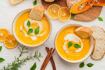 Pumpkin Soup with Cream and Bread