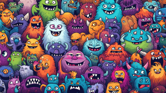 Vector cute doodle monsters seamless pattern