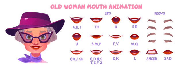 Old woman face construction kit - cartoon facial parts for creation senior female avatars with different nose, eyes and brows, haircuts. Vector head elements set for grandmother face generator.