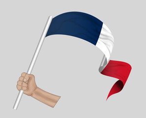 3D illustration. Hand holding flag of France on a fabric ribbon background.