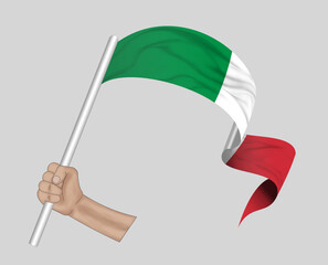 3D illustration. Hand holding flag of Italy on a fabric ribbon background.