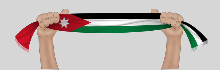 3D illustration. Hand holding flag of Jordan on a fabric ribbon background.