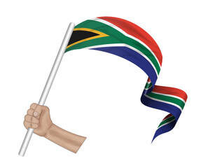 3D illustration. Hand holding flag of South Africa on a fabric ribbon background.