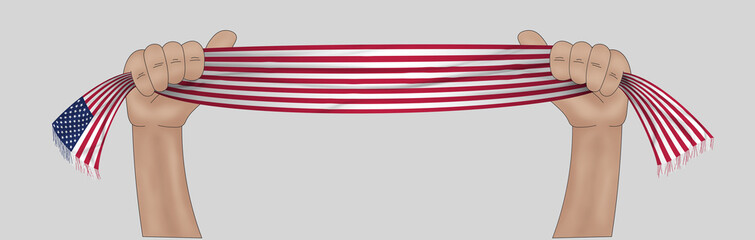 Fototapeta premium 3D illustration. Hand holding flag of United States of America on a fabric ribbon background.