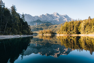 Morning photo of Eibsee Mountain Lake, Garmisch Partenkirchen, Bavaria, Germany - obrazy, fototapety, plakaty