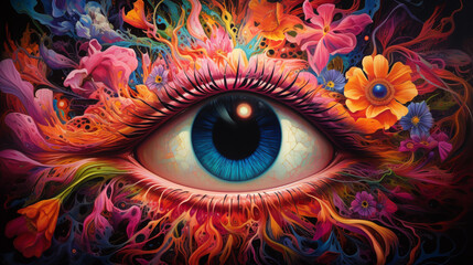 An eye with a mesmerizing, swirling, and vibrant psychedelic pattern as the iris, surrounded by a spectrum of colors, the eye itself forms a blissful smile