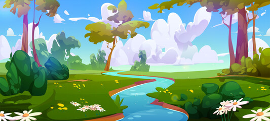 Fototapeta premium Cartoon forest landscape with river flowing between green banks with trees, bushes, grass and flowers over sky with clouds. Vector illustration of summer or spring natural scene with water stream.