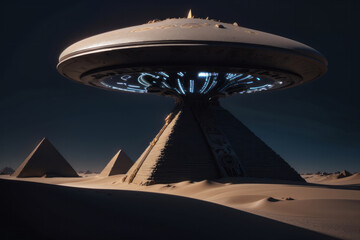 Sci-fi 3D render or illustration of landing alien spacecraft Egyptian like pyramids in the desert at night against a star-filled sky. Mystery of ancient lost alien civilization and UFO pyramid purpose