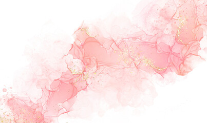 Abstract watercolor or alcohol ink art pink background element with golden crackers. Pastel pink marble drawing effect. template for wedding invitation, decoration, banner, background, png file