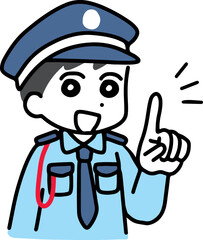 笑顔で指差しポーズをしている若い男性警備員(上半身)