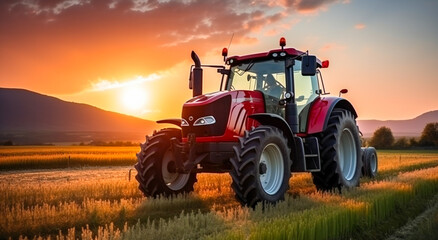 Red tractor working in the field at sunset