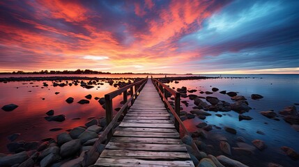 Sunset in beach wooden jetty