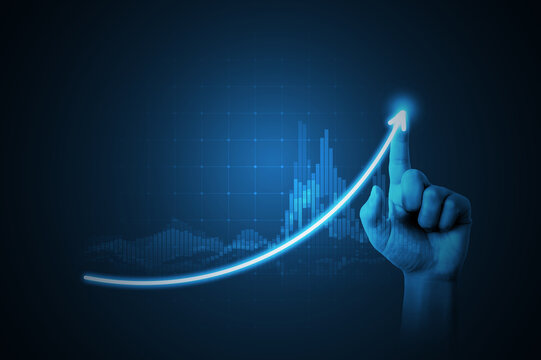 Hand pointing growth arrow success business target of up direction development graph or investment financial profit stock market chart symbol and goal achievement on economy marketing