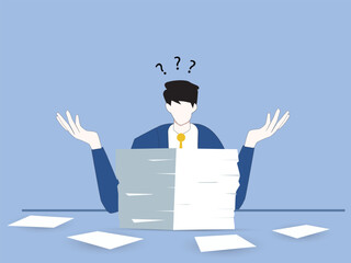 Overworking, depression, deadline, mental stress, business concept. Young frustrated upset businessman clerk manager, depressed boy looks at big pile of document. Fatigue because of overload deadline.