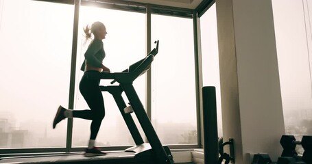 Gym, healthy or woman running on treadmill machine in agility training, exercise or cardio workout. Active runner, challenge or girl athlete with fitness for health, speed development or wellness - Powered by Adobe