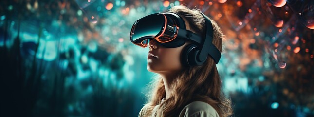 Illustration of a person wearing a virtual reality VR headset, AI Generated.