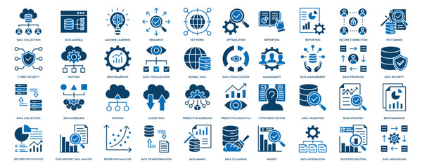 Data analytics icon set. Big data analysis technology symbol. Containing database, statistics, analytics, server, monitoring, computing and network icons