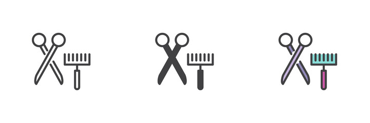 Scissors and comb different style icon set