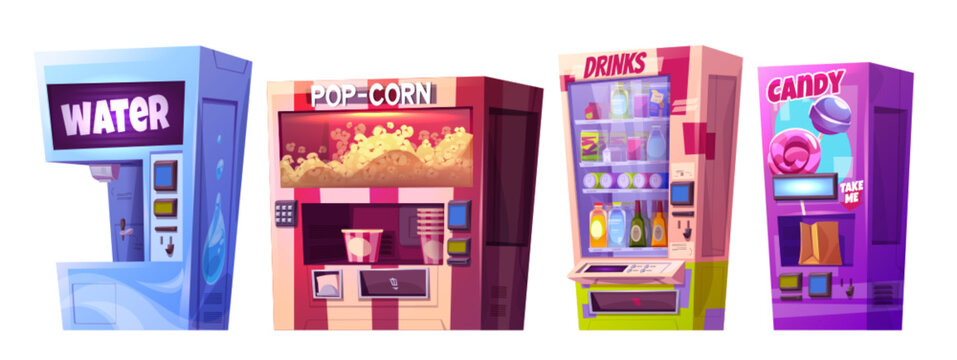 Vending Machine Icon With Snack, Candy And Popcorn Illustration. Food And Drink Isolated Dispenser With Unhealthy Product. Vendingmachine Robot Device Sell Sweet Juice And Cola Graphic Design Set.