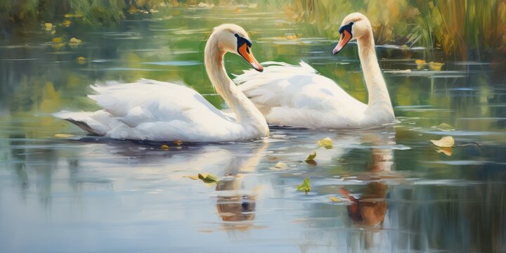 illustration of swans, oil Painting, generative AI
