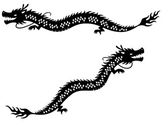 横向きの長い龍のシルエットイラストセット