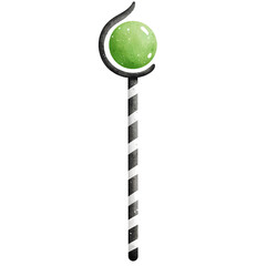 Watercolor Magic Staff with Green Orb Illustration Isolated on Transparent Background