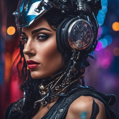 Obraz na płótnie Canvas In a cyberpunk neon world, a white woman dons stylish cyberpunk attire with cap and goggles, embodying the edgy, tech-savvy spirit of the future