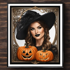 A beautiful witch in costume conjures enchantment beside a jack-o'-lantern, embodying Halloween's festive and spellbinding spirit