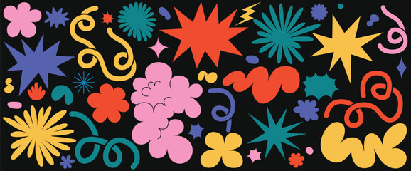 Flower and cloud shapes geometric abstract sticker pack  in trendy retro 90s 00s cartoon style.