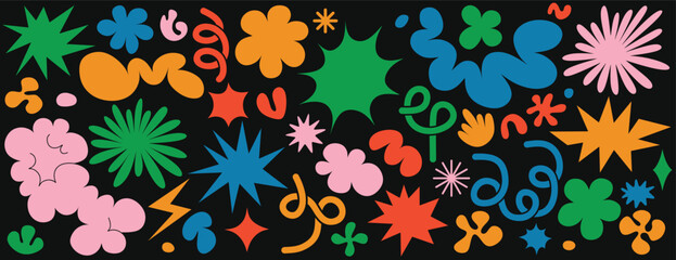 Flower and cloud shapes geometric abstract sticker pack  in trendy retro 90s 00s cartoon style.