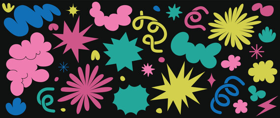 Flower and cloud shapes geometric abstract sticker pack  in trendy retro 90s 00s cartoon style.