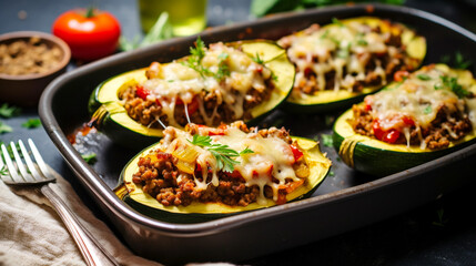 Beautifully dish of stuffed zucchini halves filled with minced meat and topped with baked Emmentaler cheese. Banner. Generative Ai content.