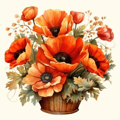 Colorful Watercolor Poppies Flowers in a Bucket Clipart AI Generated