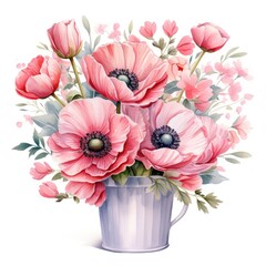 Colorful Watercolor Poppies Flowers in a Bucket Clipart AI Generated