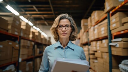 Warehouse accounting and bookkeeping. Serious middle-aged Caucasian woman in eyeglasses with paper documents and checks the statements for the presence of goods.