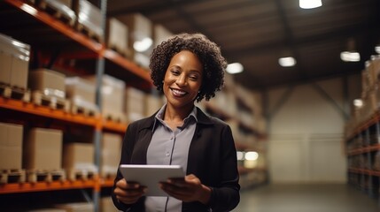 Warehouse accounting and bookkeeping. African American woman with tablet PC and checks the statements for the presence of goods. She is looking by side and smiling.