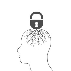 Padlock rooted in human head, Illustration about fixed mindset and negative think. Lock closed brain, head and idea